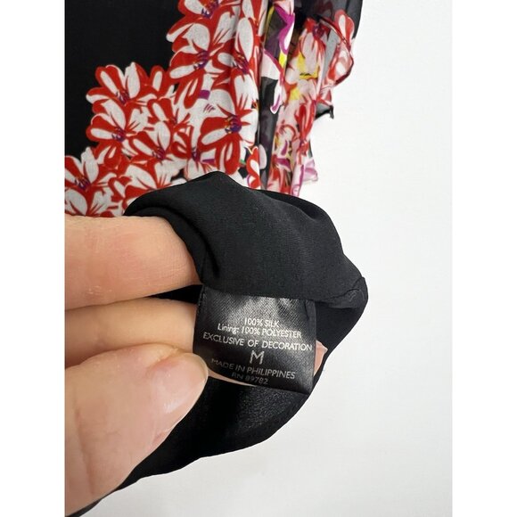 Josie Natori Women Black Multicolor Floral Silk 3/4 Sleeve Blouse Top Sz M - Picture 6 of 12